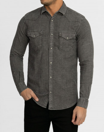 پیراهن مردانه آستین بلند جین ساده خاکستری 22474157