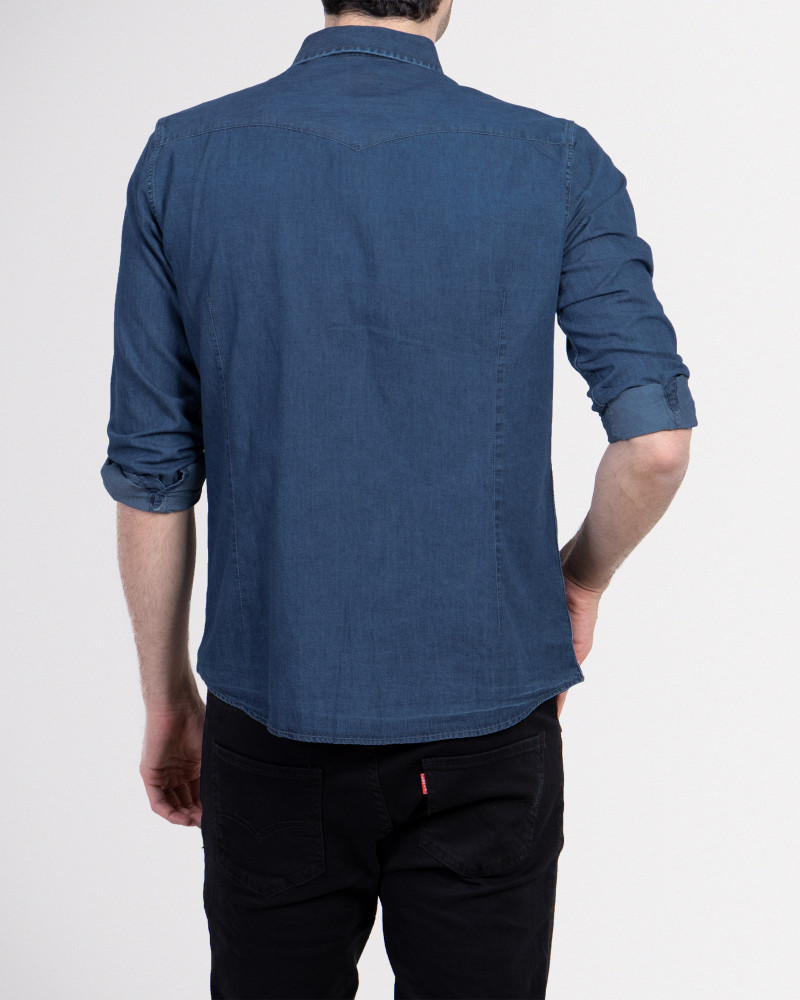 خرید پیراهن جین آستین بلند ساده سرمه ای 18374103