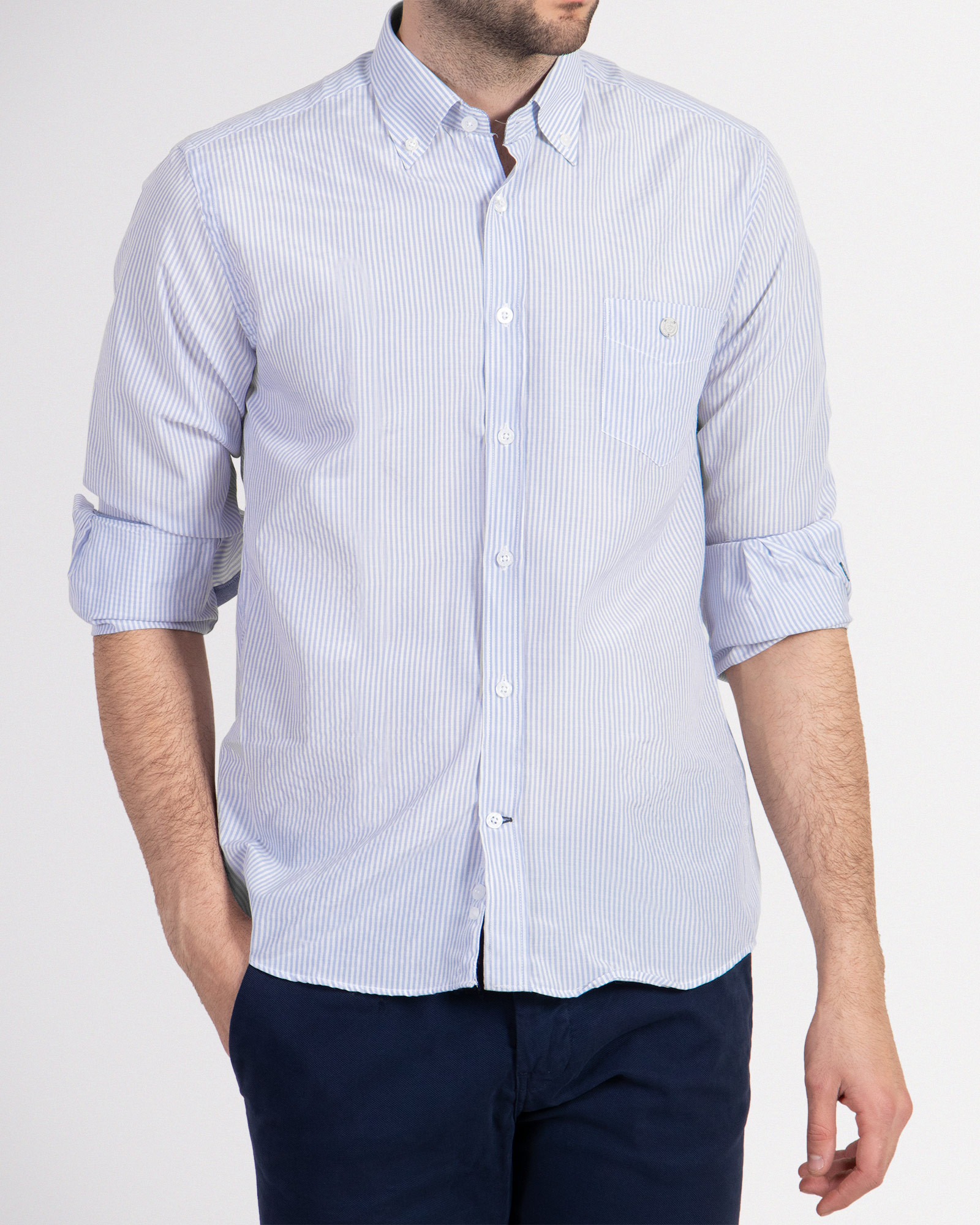 خرید اینترنتی پیراهن آستین بلند راه راه مردانه آبی روشن 18320200