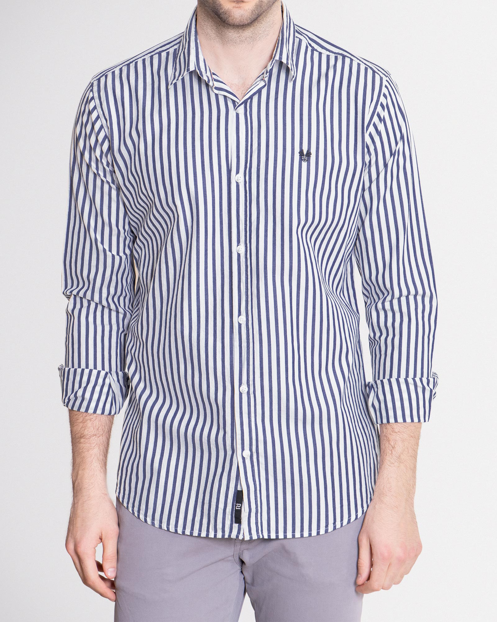 خرید اینترنتی پیراهن آستین بلند مردانه راه راه سرمه ای روشن 18420215