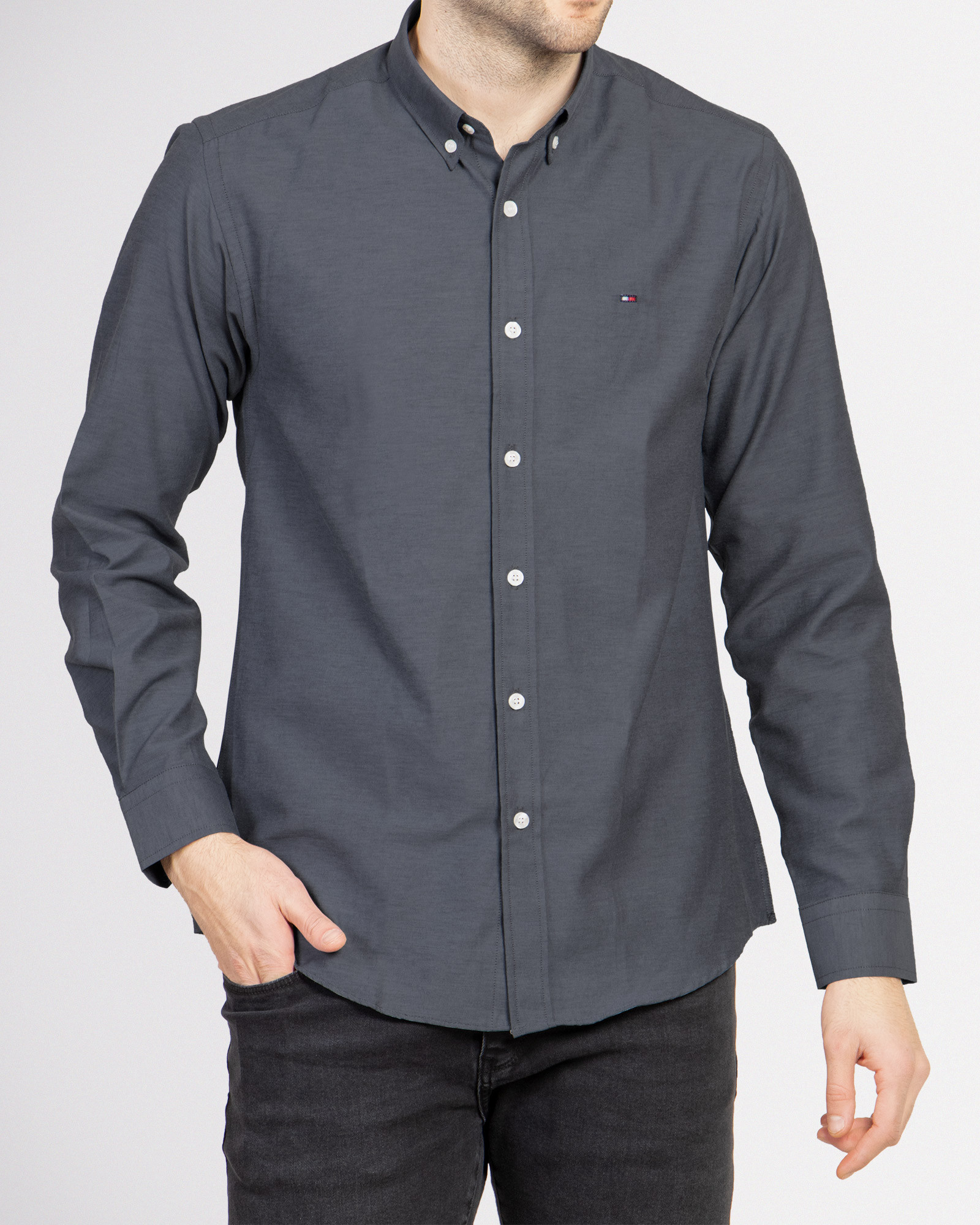 خرید اینترنتی پیراهن آستین بلند ساده مردانه اسلیم خاکستری 18421170