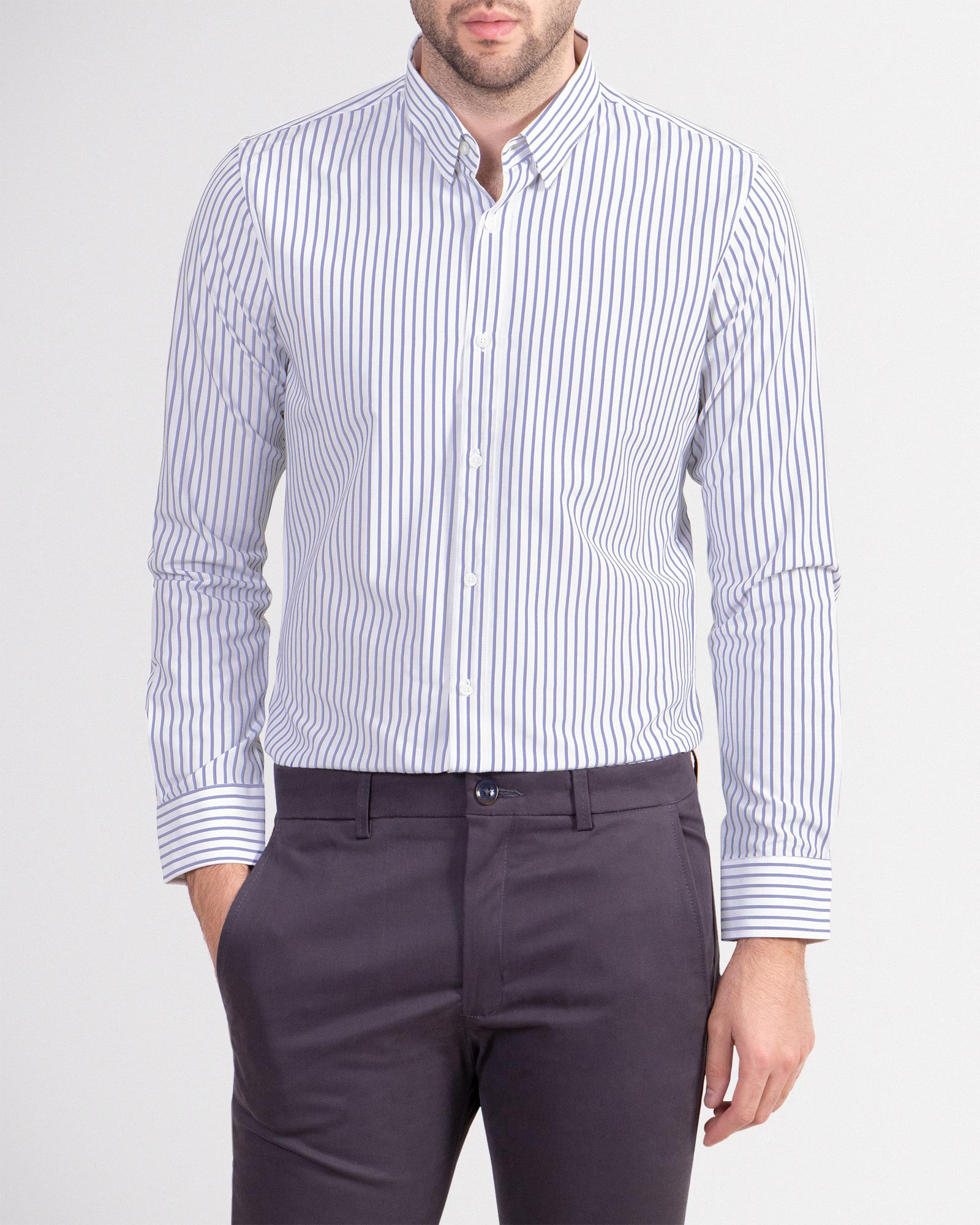 خرید اینترنتی پیراهن آستین بلند مردانه راه راه سفید 19220418