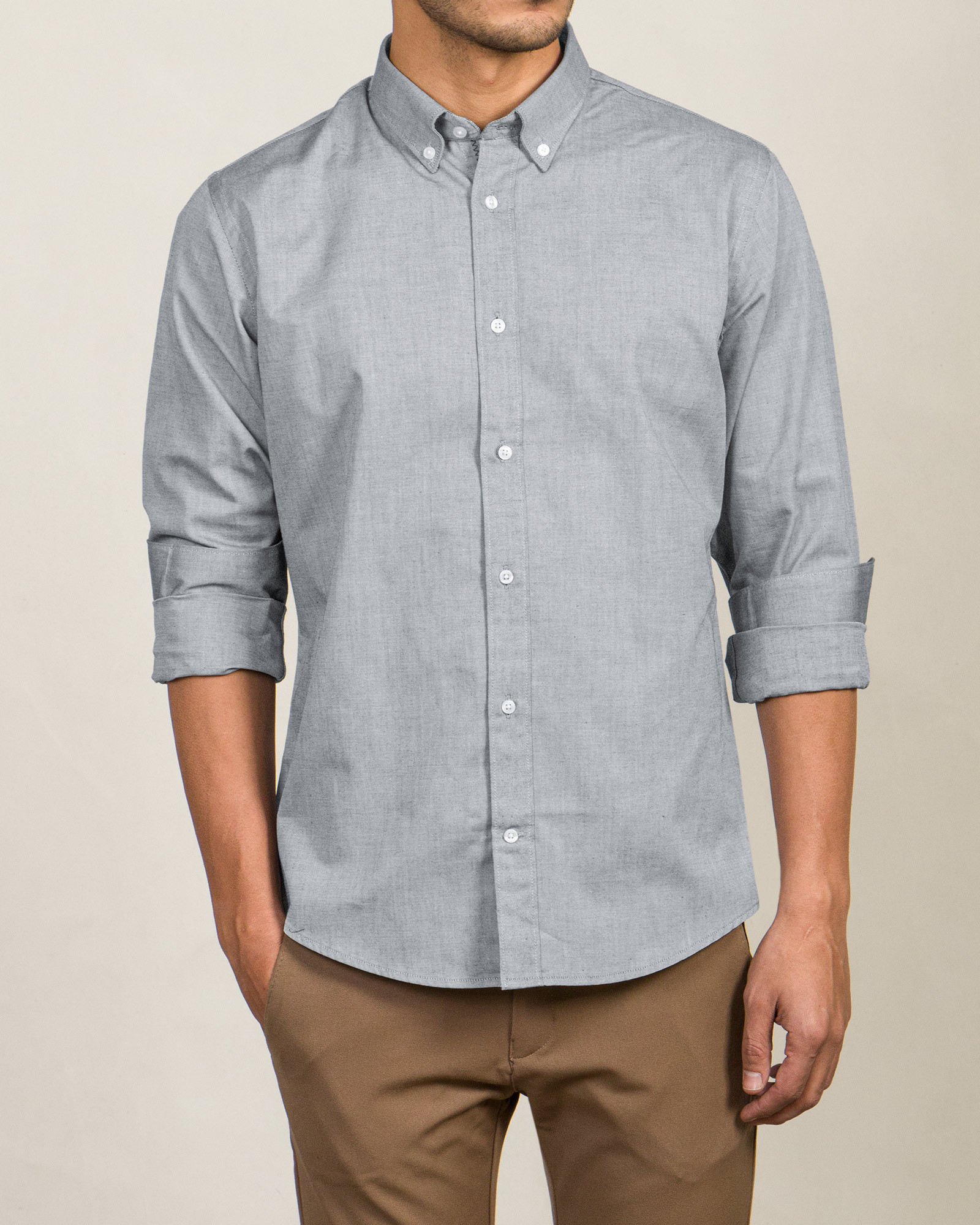 خرید اینترنتی پیراهن آستین بلند مردانه ساده خاکستری 19421182