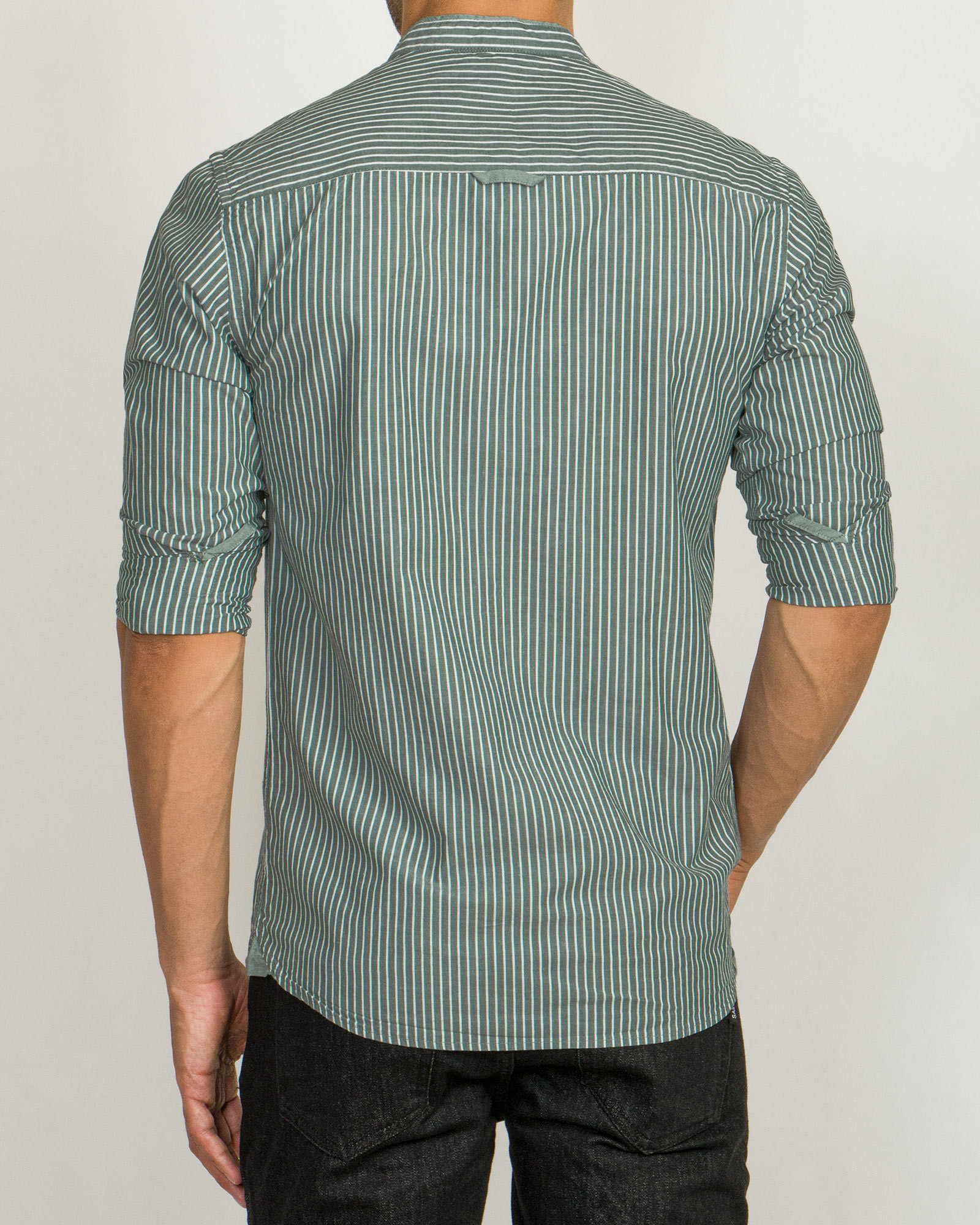 خرید پیراهن آستین بلند مردانه راه راه یقه دیپلمات سبز 20166101