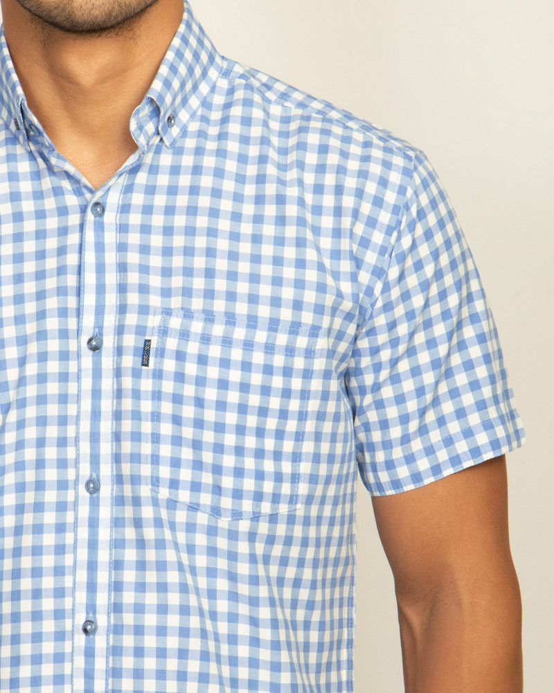 پیراهن مردانه آستین کوتاه  طرح دار روزمره نخی یقه معمولی آبی روشن 20223232