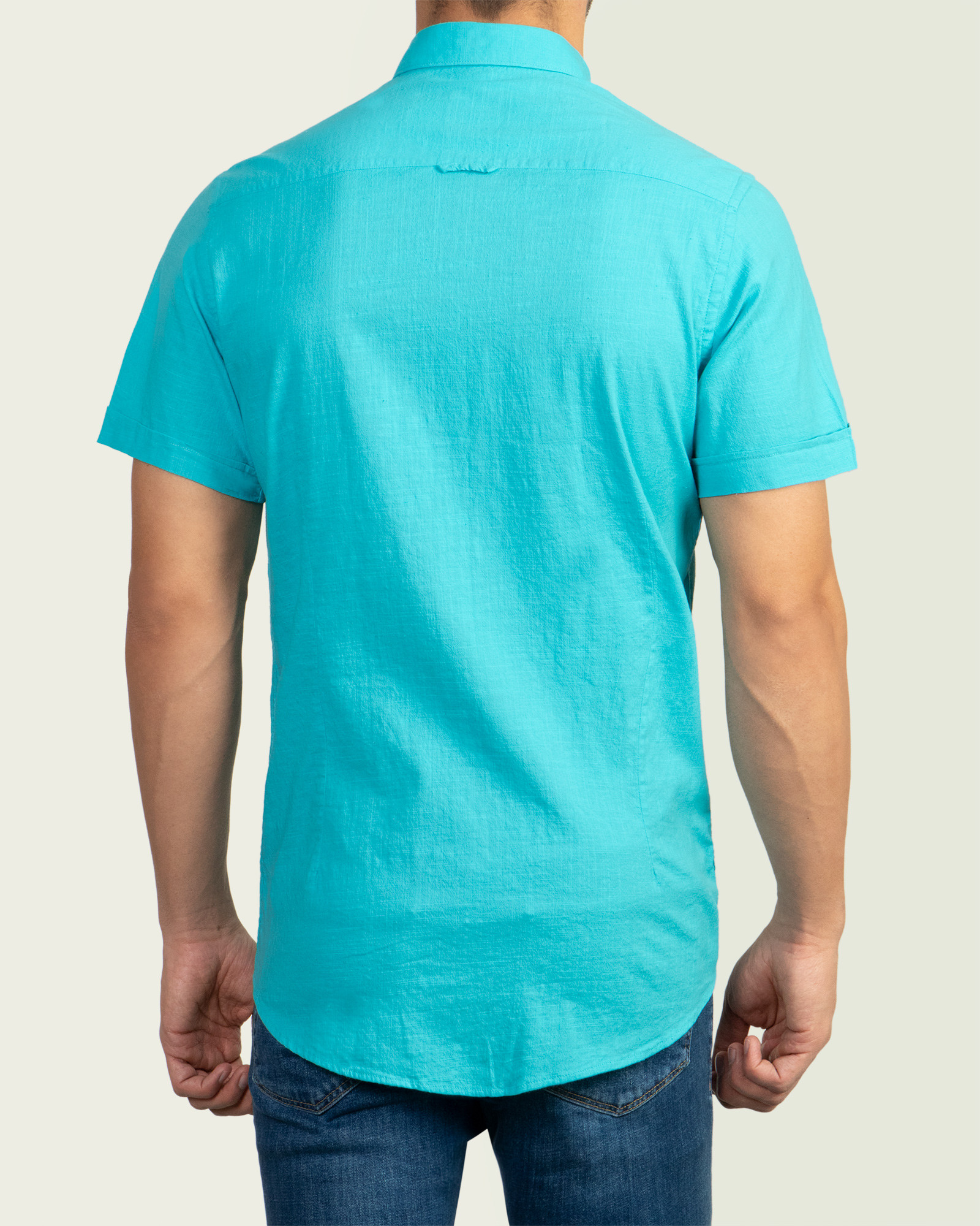 پیراهن مردانه آستین کوتاه  روزمره نخی آبی فیروزه ای 20422232