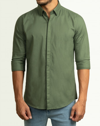 پیراهن مردانه آستین بلند روزمره ساده سبز 21221238