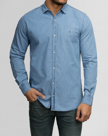 پیراهن مردانه آستین بلند جین ساده آبی روشن  21474146