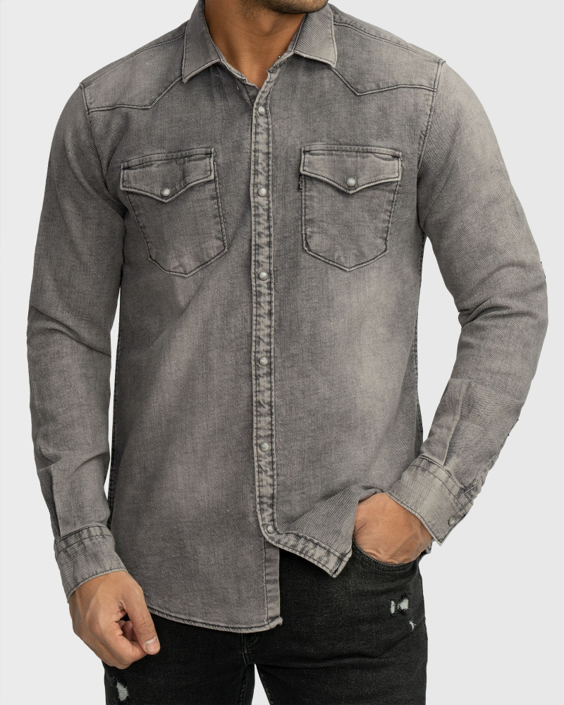 پیراهن مردانه آستین بلند جین ساده خاکستری روشن 22474150