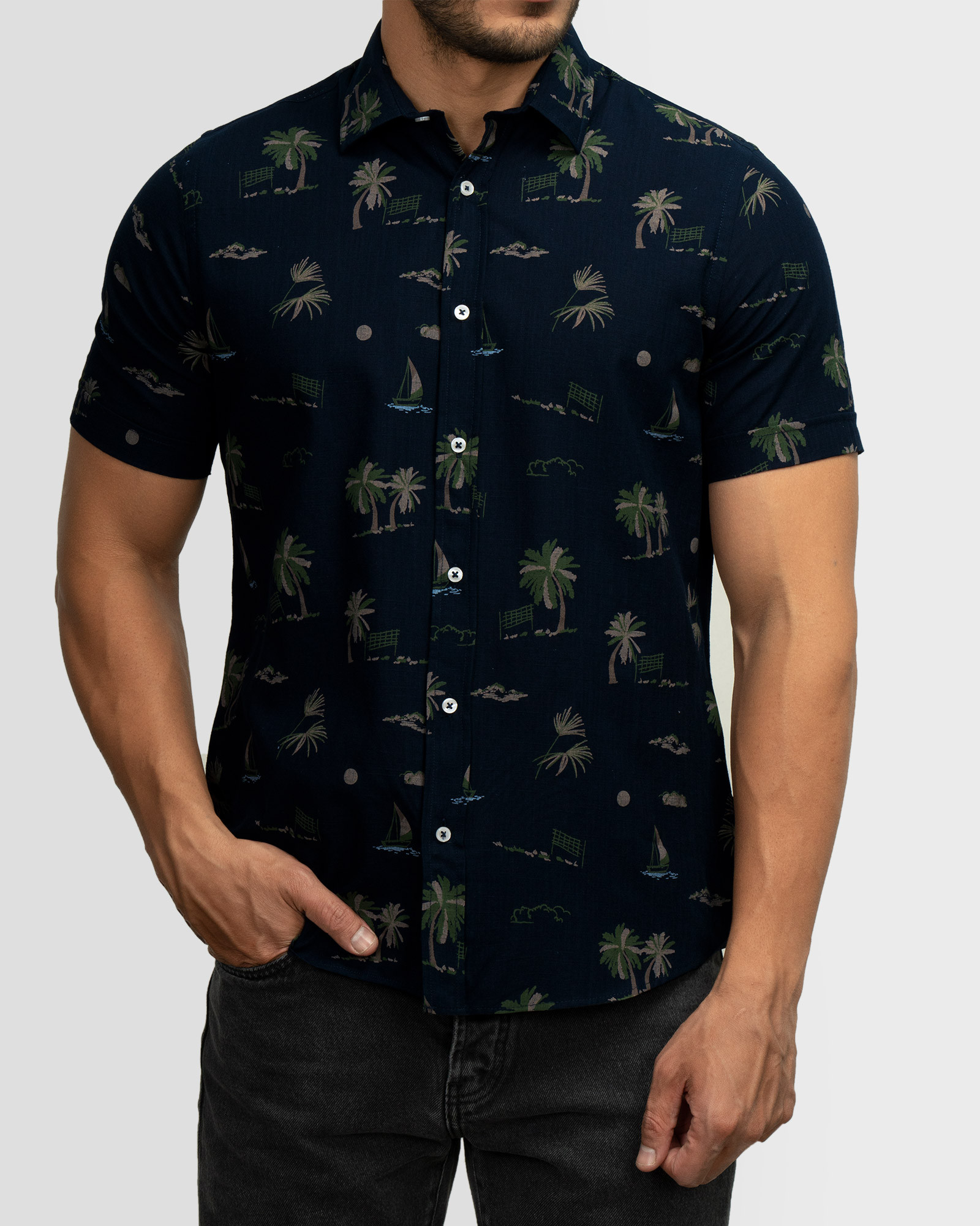 پیراهن آستین کوتاه طرحدار سرمه ای 22123290