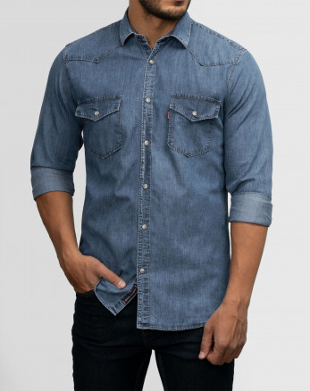 پیراهن مردانه آستین بلند جین ساده آبی روشن 21474147
