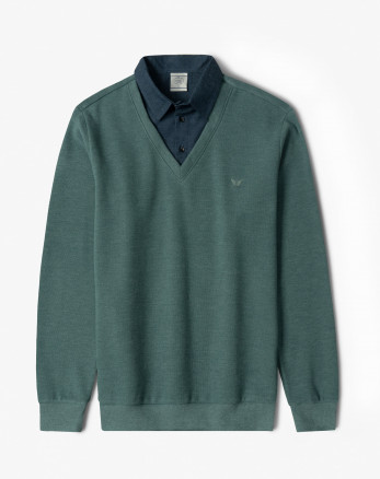 پلیور یقه پیراهنی ساده سبز 24388144