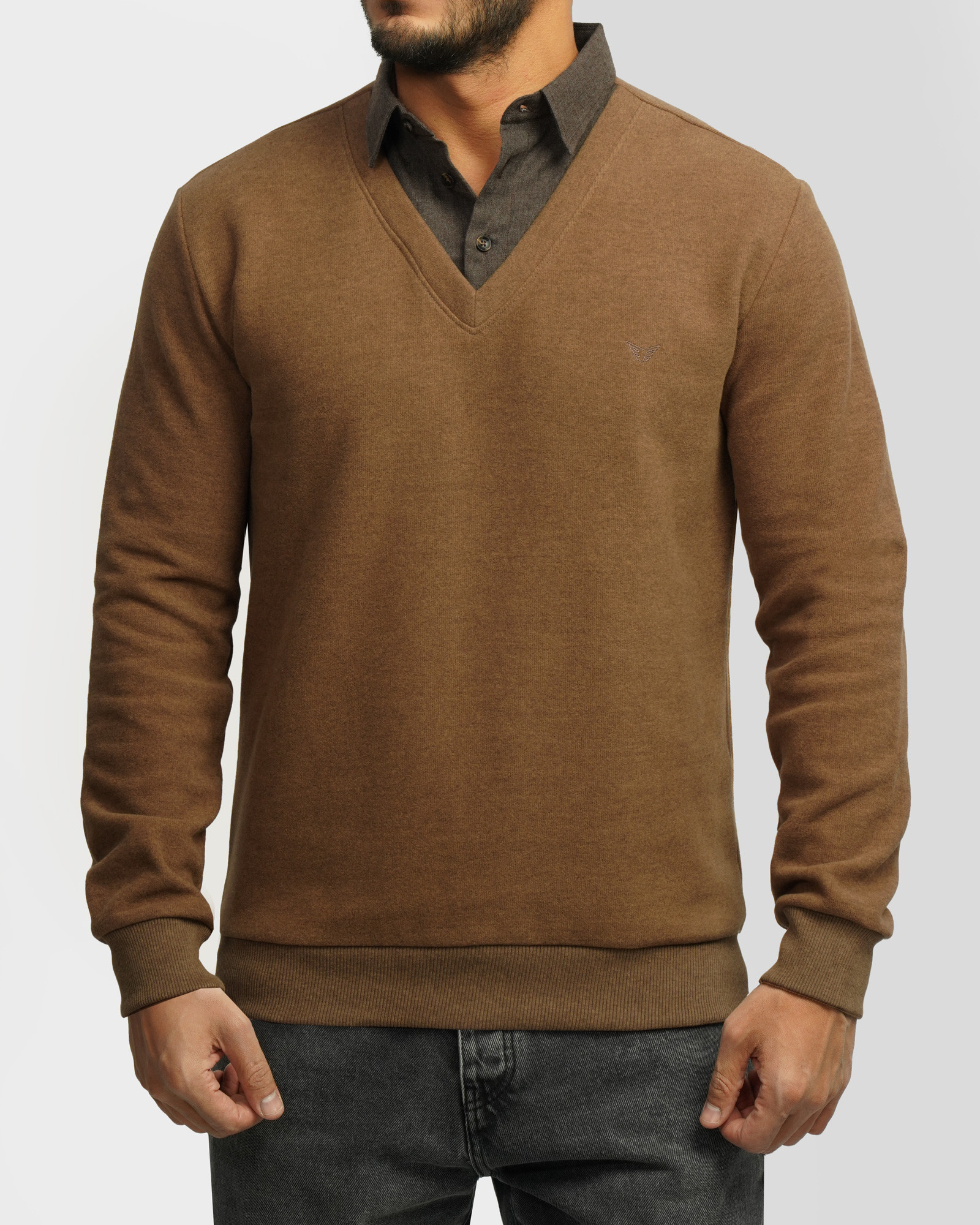 پلیور یقه پیراهنی ساده قهوه ای 24388144