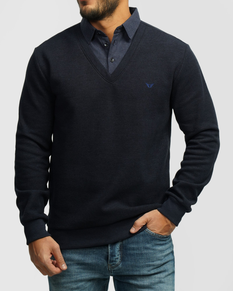 پلیور یقه پیراهنی ساده سرمه ای  24388144