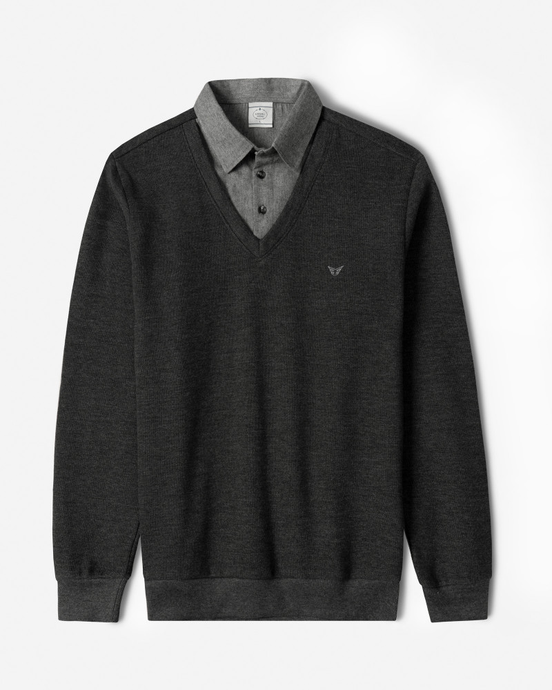 پلیور یقه پیراهنی ساده ذغالی 24388144