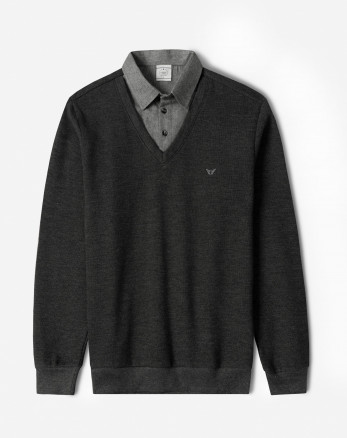 پلیور یقه پیراهنی ساده ذغالی 24388144