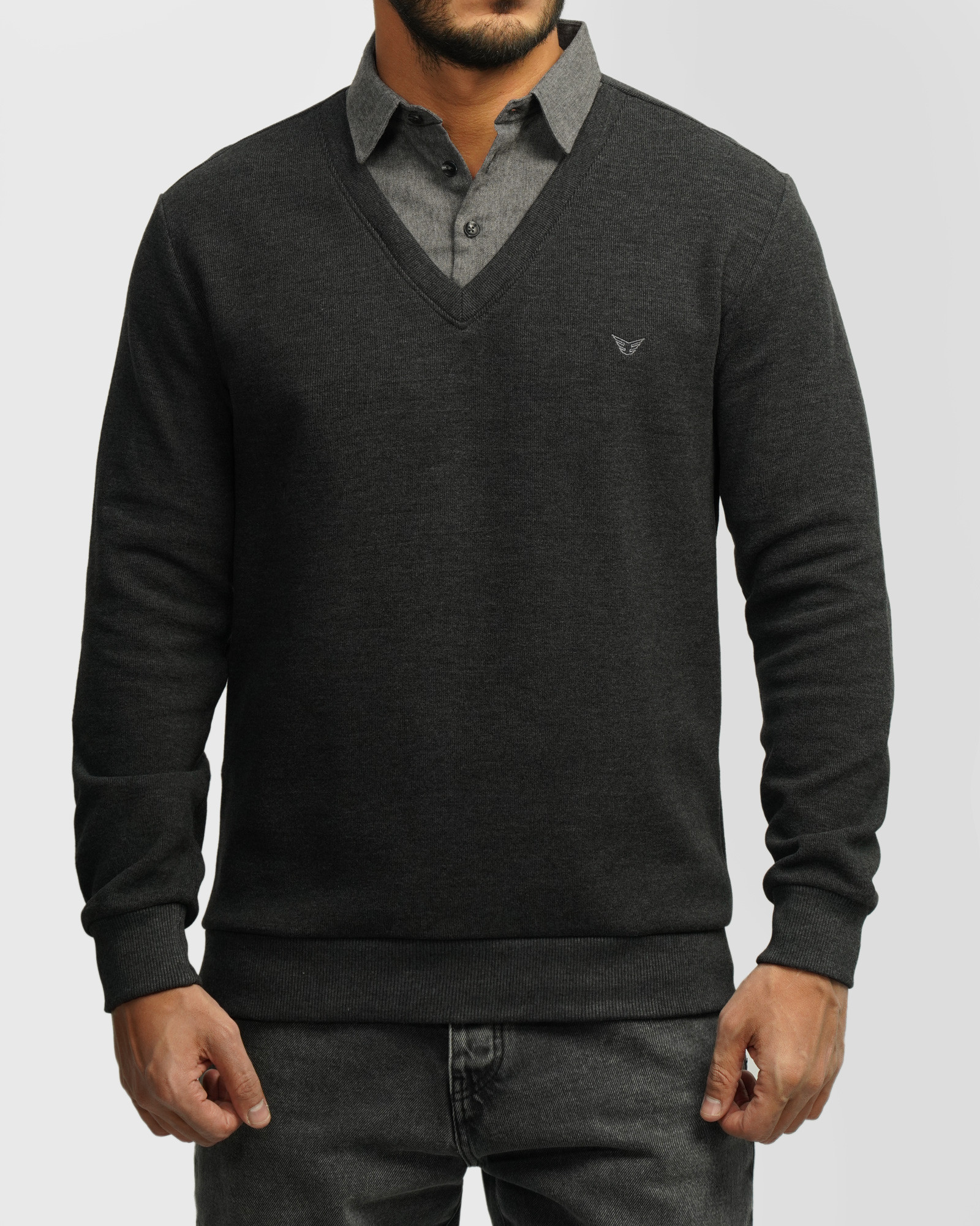 پلیور یقه پیراهنی ساده ذغالی 24388144