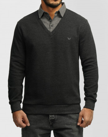 پلیور یقه پیراهنی ساده ذغالی 24388144