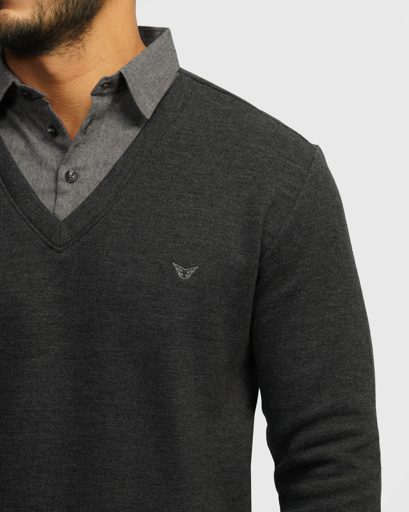 پلیور یقه پیراهنی ساده ذغالی 24388144