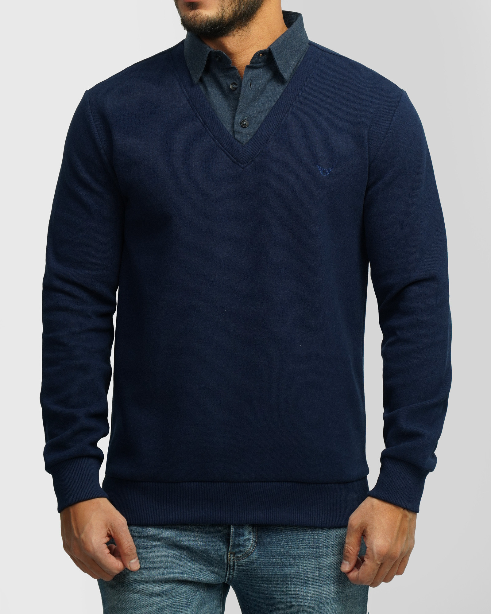 پلیور یقه پیراهنی ساده سرمه ای روشن  24388144