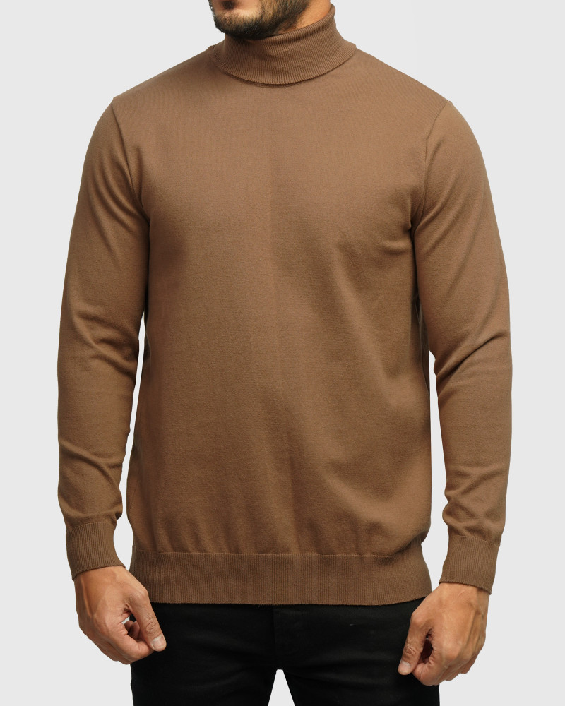 خرید و قیمت پلیور بافت یقه اسکی مردانه آستین بلند قهوه ای تیره 19379102