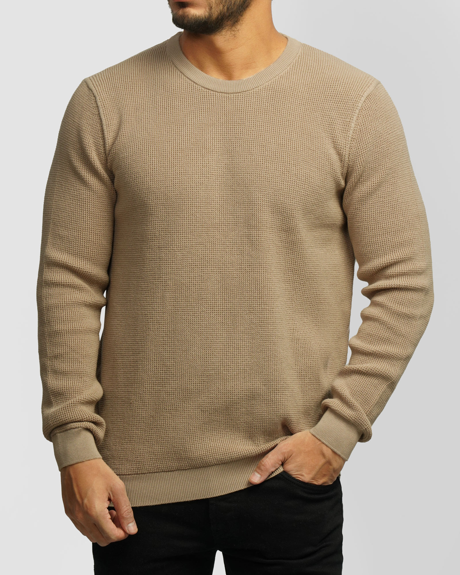 پلیور بافت یقه گرد مردانه کرم 24342175