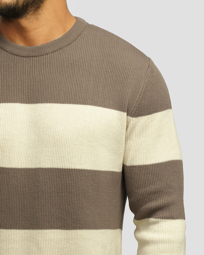 پلیور بافت یقه گرد طرح دار مردانه کرم 24358131