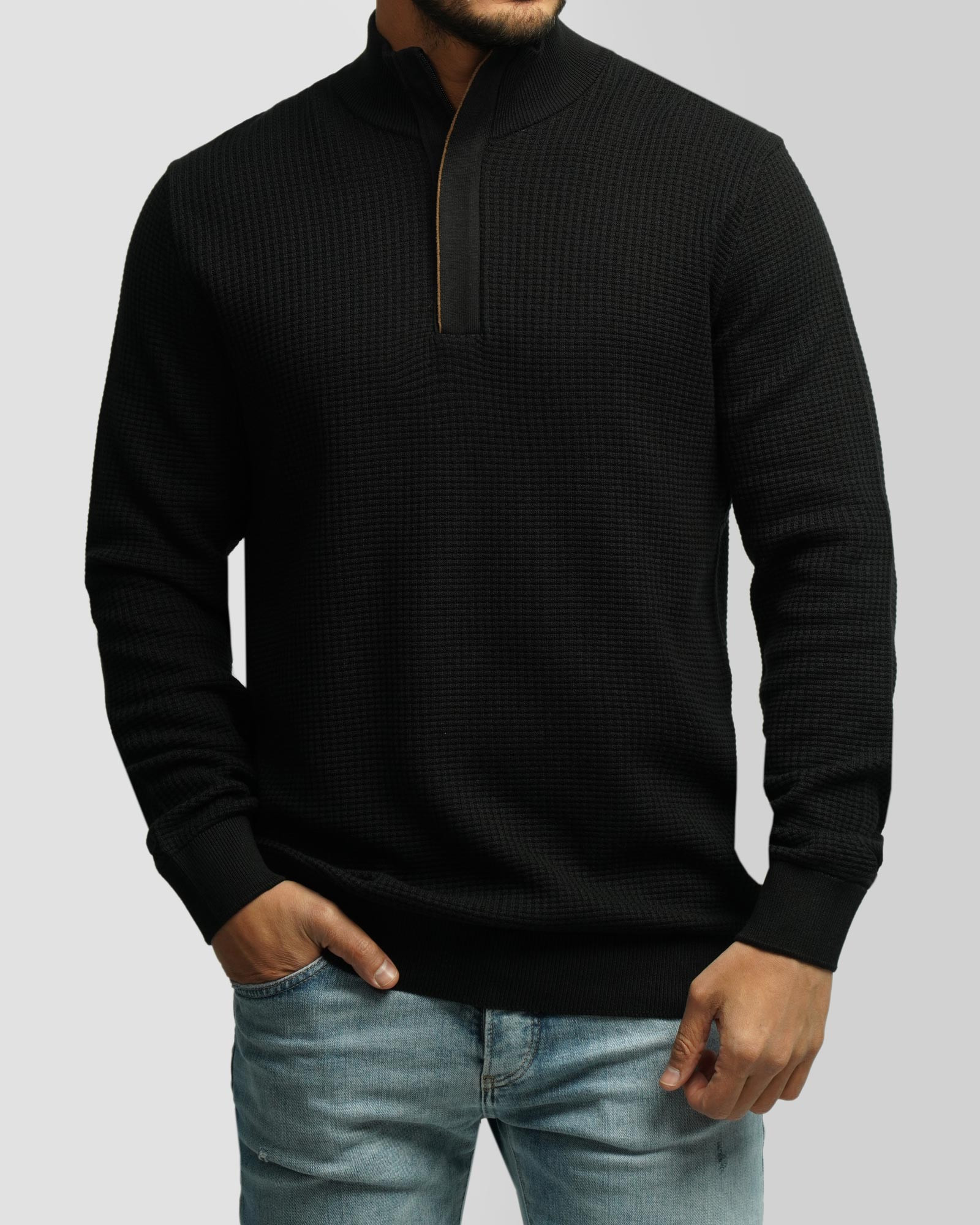 خرید و قیمت پلیور بافت نیم زیپ مردانه مشکی 24341138