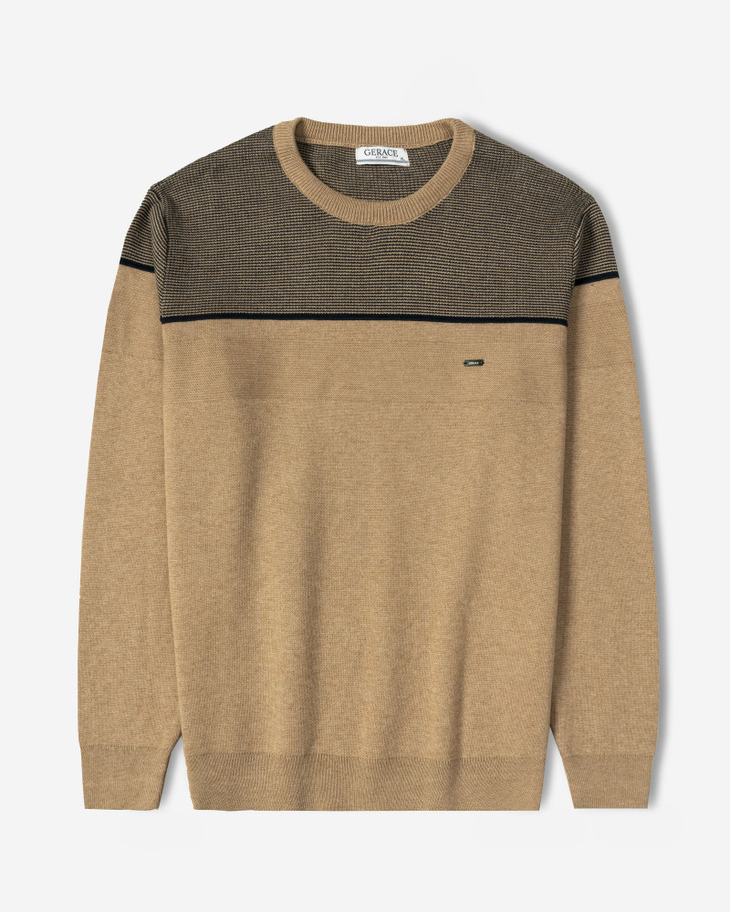 خرید و قیمت پلیور بافت یقه گرد طرح دار مردانه قهوه ای 84458143