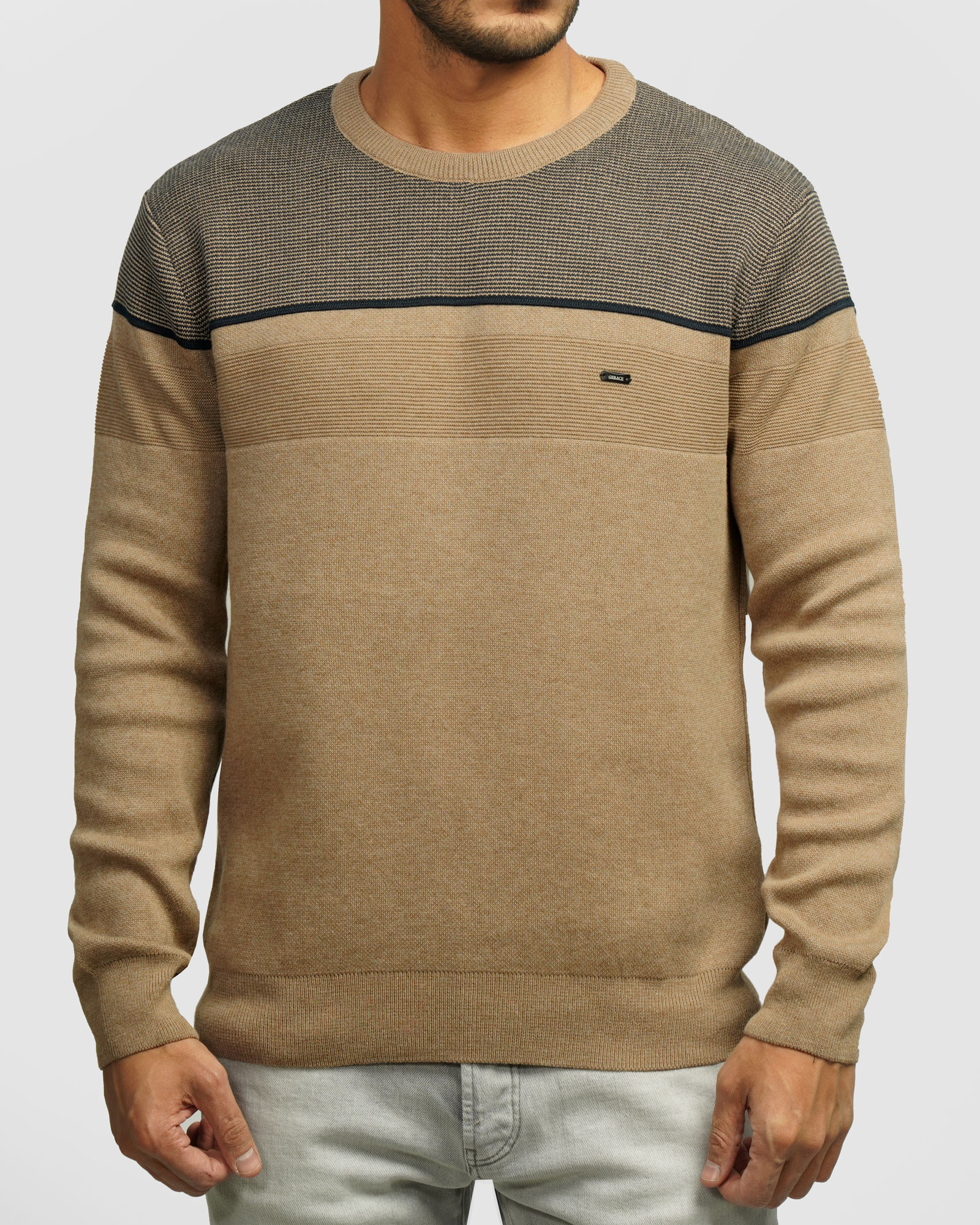 خرید و قیمت پلیور بافت یقه گرد طرح دار مردانه قهوه ای 84458143