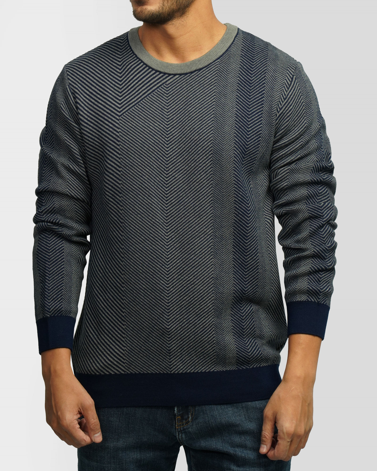 پلیور بافت یقه گرد طرح دار مردانه سرمه ای 84458137