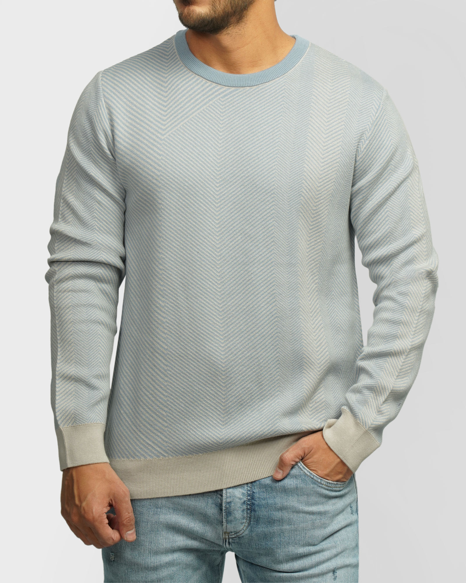 پلیور بافت یقه گرد طرح دار مردانه آبی 84458137