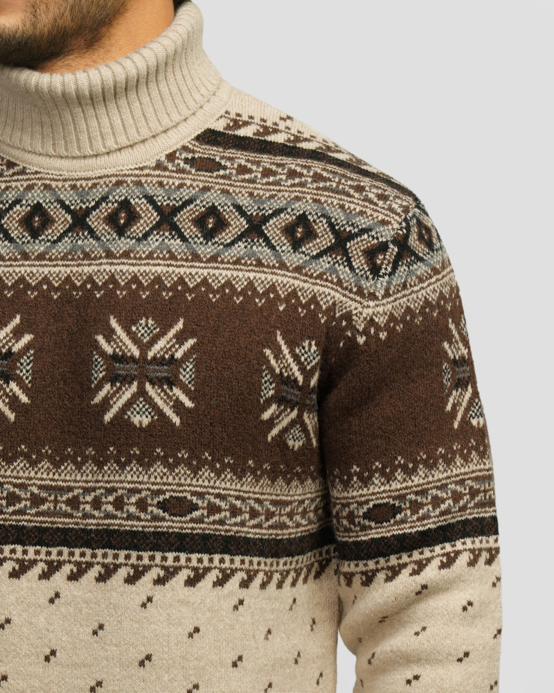 پلیور بافت یقه اسکی طرح دار مردانه قهوه ای 84479120