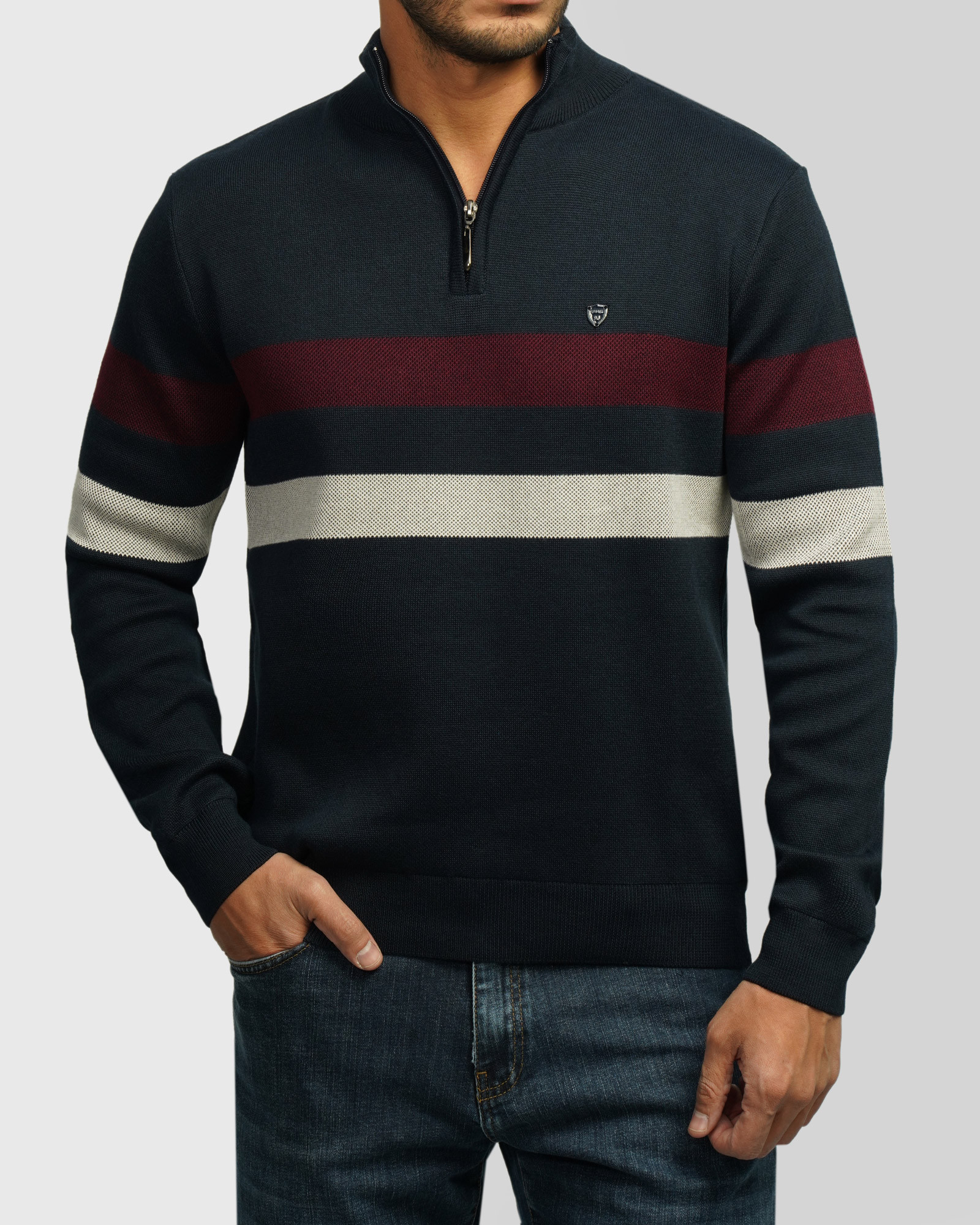 خرید و قیمت پلیور بافت نیم زیپ مردانه سرمه ای 84441143