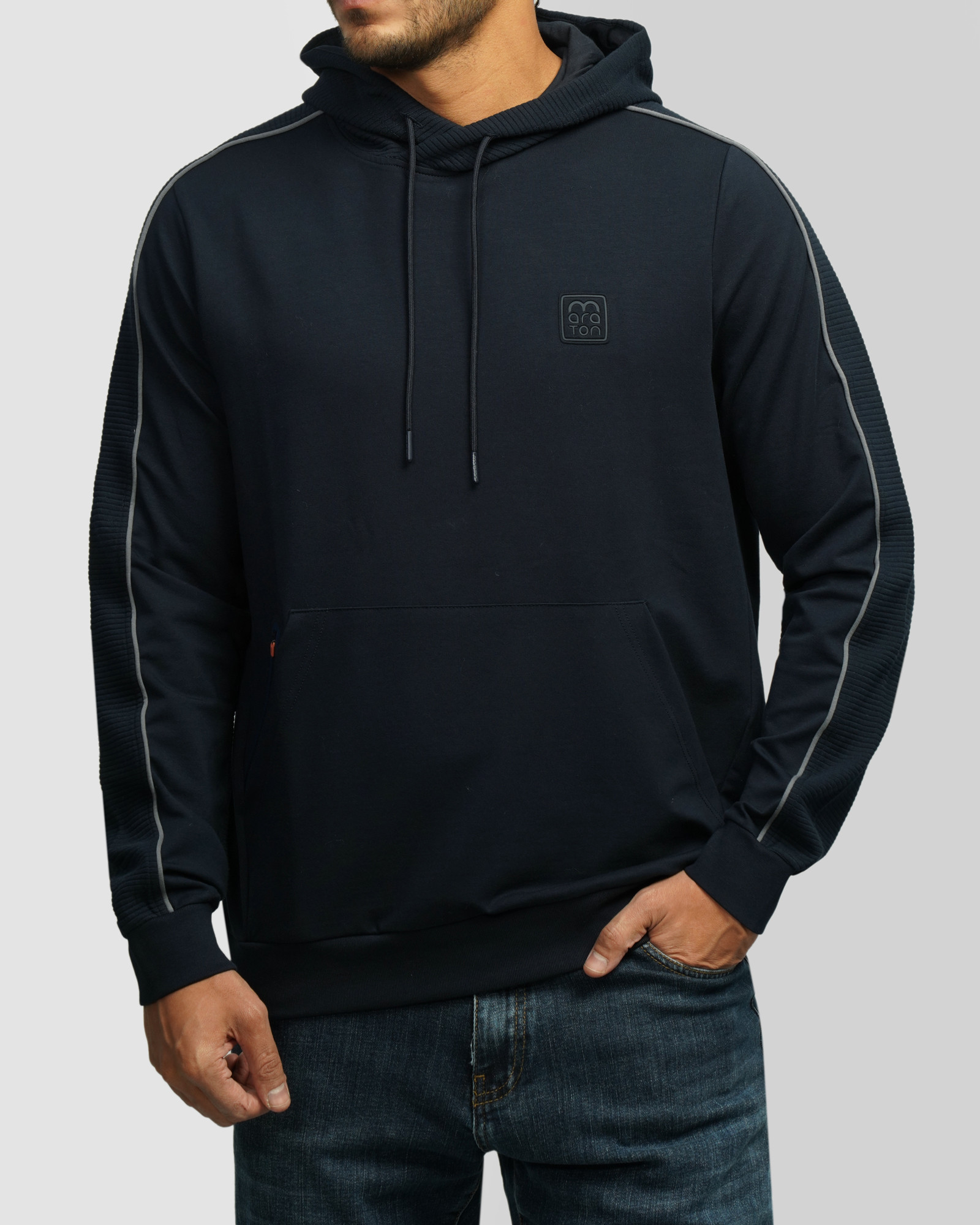 هودی کلاه دار طرح دار مردانه سرمه ای 84471286