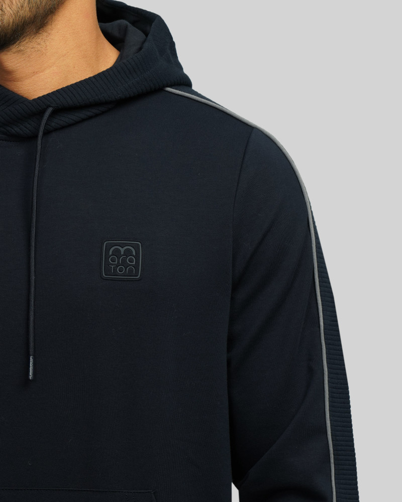 هودی کلاه دار طرح دار مردانه سرمه ای 84471286