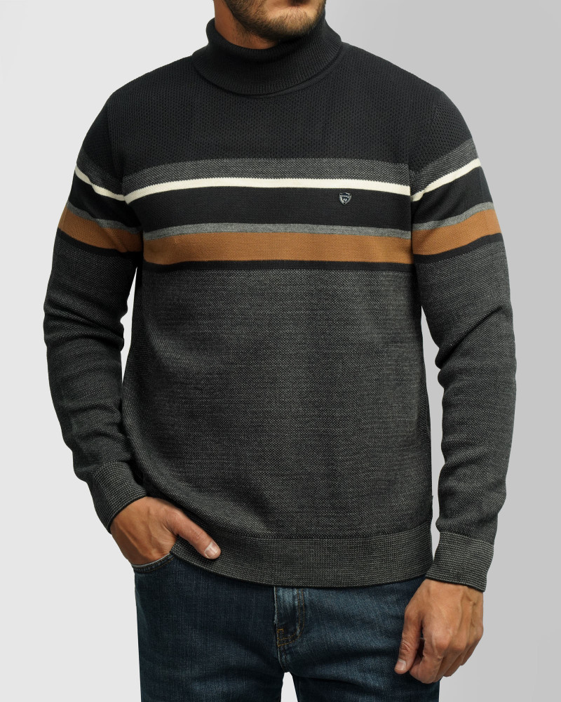 پلیور بافت یقه اسکی طرح دار مردانه ذغالی 84479123
