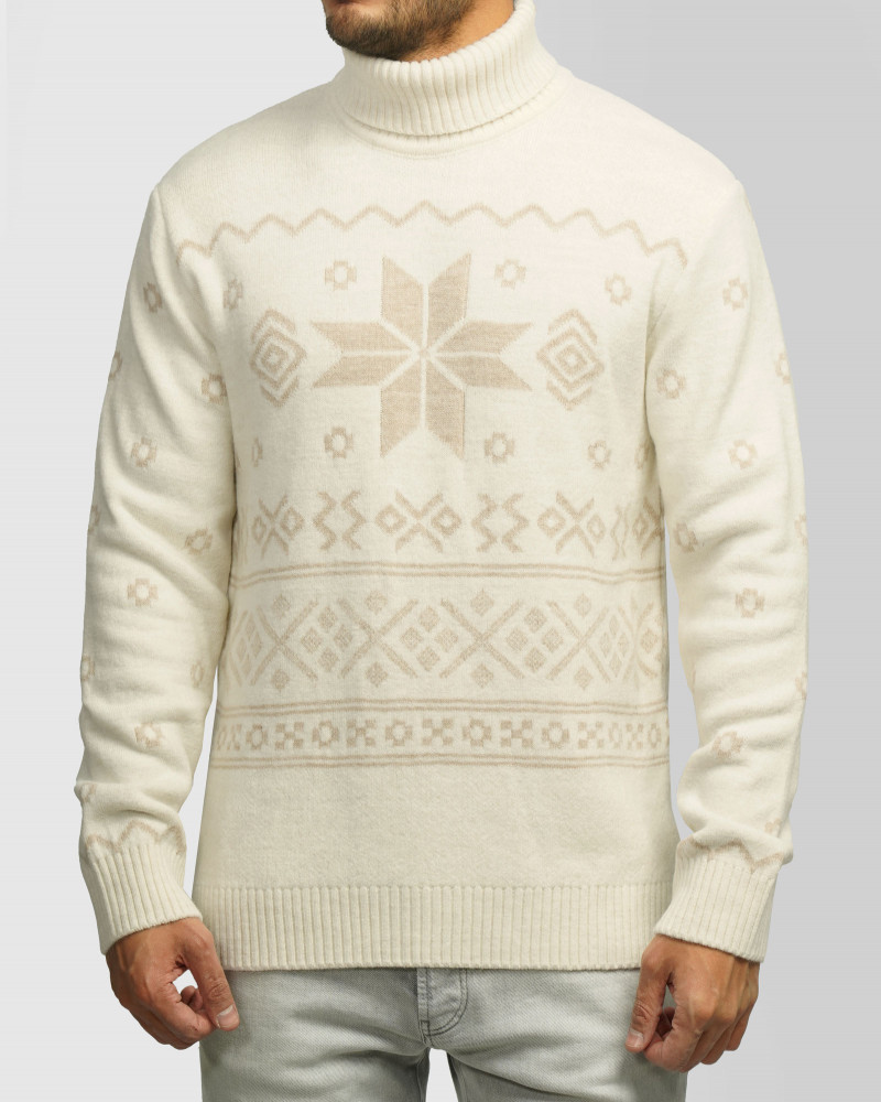 پلیور بافت یقه اسکی طرح دار مردانه کرم روشن84479121 