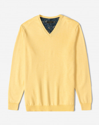 خرید و قیمت پلیور بافت یقه هفت مردانه ساده زرد روشن 18372111