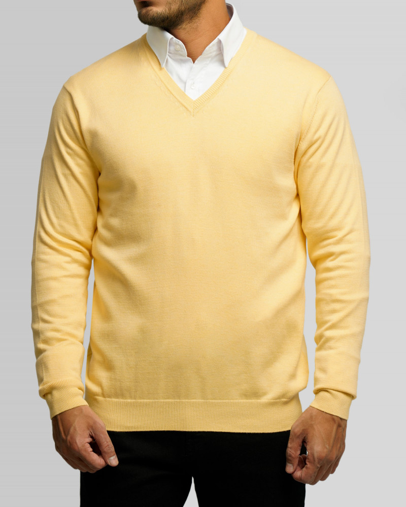 خرید و قیمت پلیور بافت یقه هفت مردانه ساده زرد روشن 18372111
