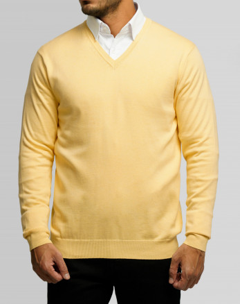 خرید و قیمت پلیور بافت یقه هفت مردانه ساده زرد روشن 18372111