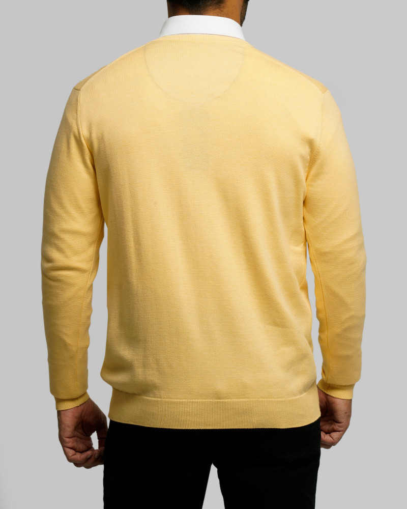 خرید و قیمت پلیور بافت یقه هفت مردانه ساده زرد روشن 18372111