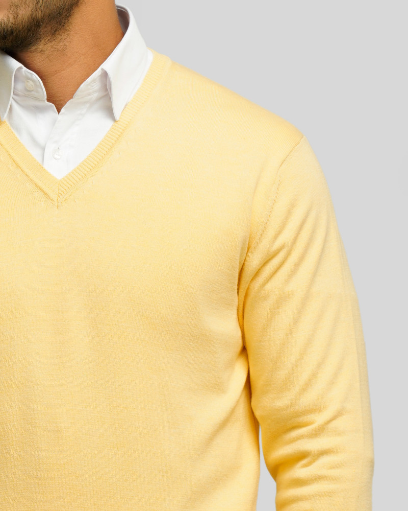خرید و قیمت پلیور بافت یقه هفت مردانه ساده زرد روشن 18372111