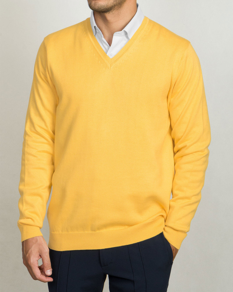 پلیور بافت یقه هفت مردانه ساده زرد 18372101