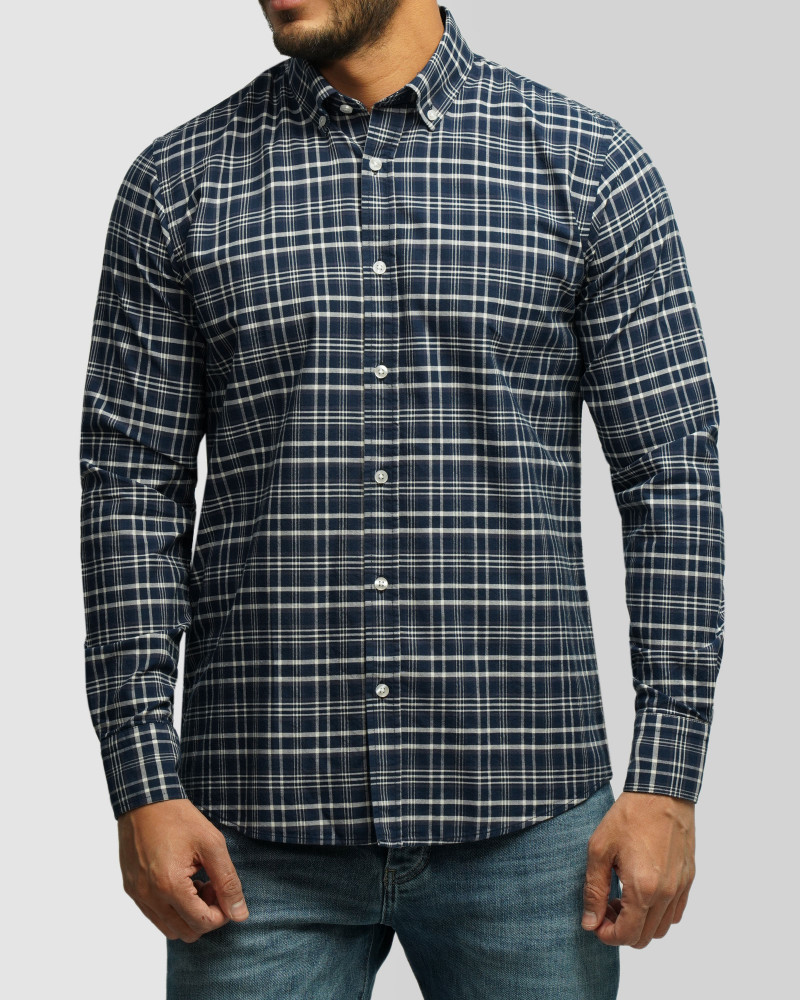 خرید و قیمت پیراهن آستین بلند چهارخانه مردانه سرمه ای تیره 84497288