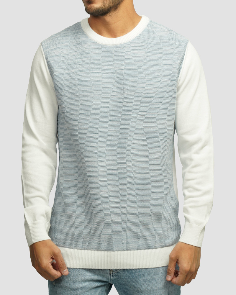 خرید و قیمت پلیور بافت یقه گرد طرح دار مردانه آبی 84458139