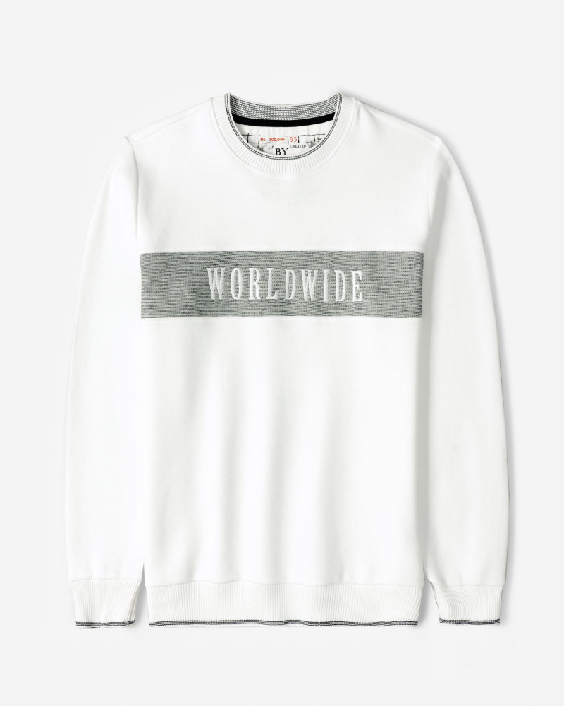 پلیور یقه گرد طرح دار مردانه سفید 84456167