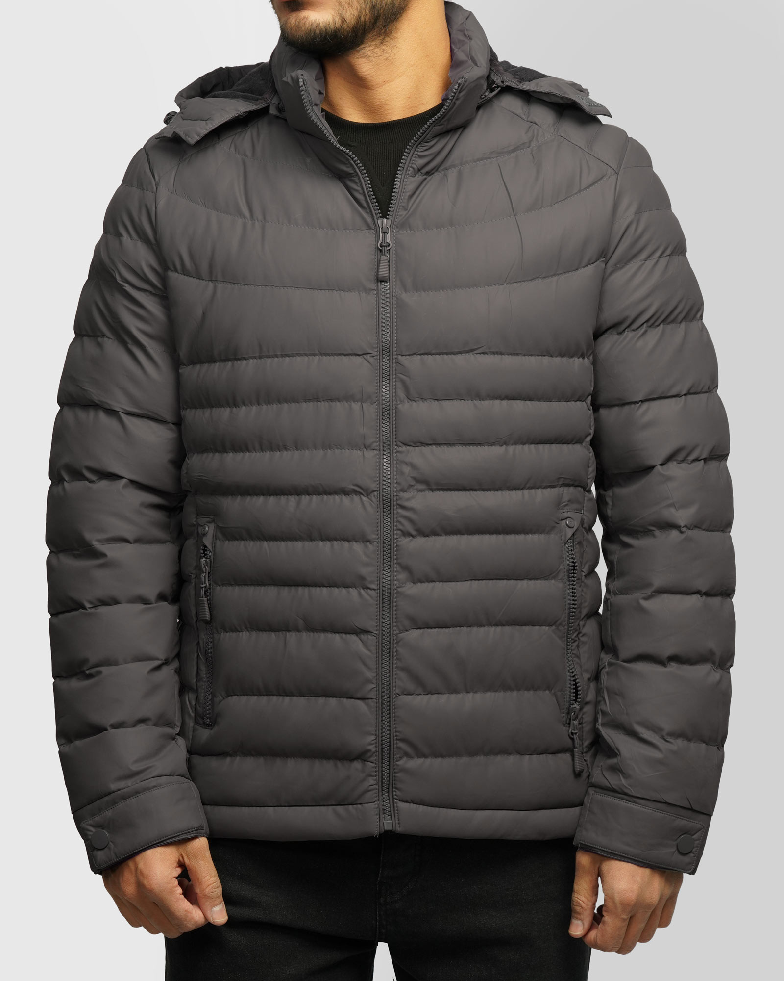 کاپشن مردانه کلاه دار خاکستری 24416413