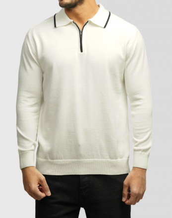 خرید و قیمت پولوشرت آستین بلند نیم زیپ مردانه سفید 84486137