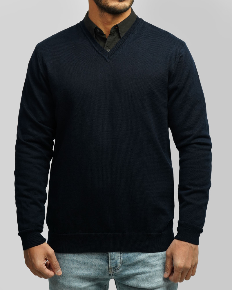 پلیور بافت یقه هفت ساده مردانه سرمه ای تیره 24472111